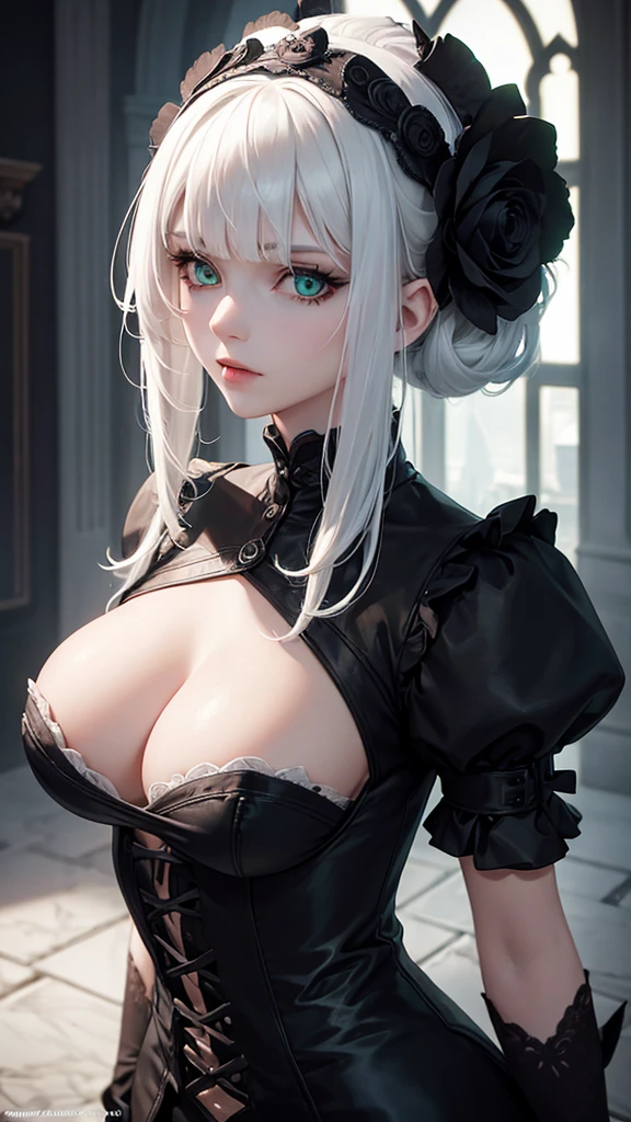 girl with white hair, with bangs, black gloves, green eyes, gothic, dress,4K, masterpiece, perfect body, stem,perfect eyes, perfect shading, perfect lighting, best quality, work of art, ultra detailed, detailed clothing
