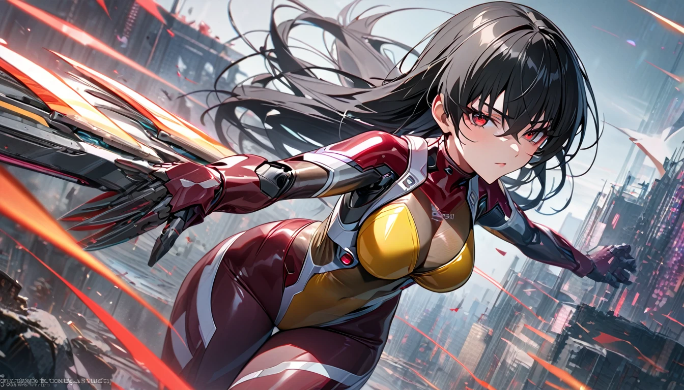 Adult girl, long black hair, red eyes, cyborg, very tight transparent batllesuit, cyber blades on hands, transparent elements, Masterpiece, best quality, Full HD, 8k, ultra details, great graphic, asagi igawa, taimanin suit, bodystocking,