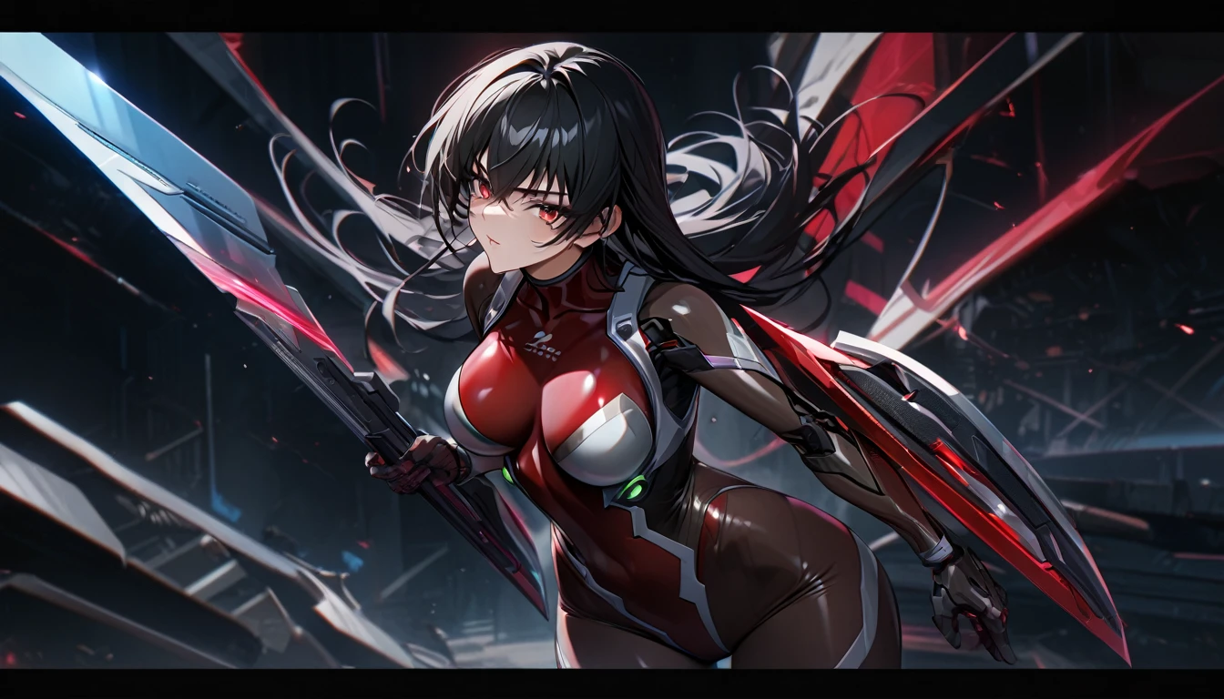 Adult girl, long black hair, red eyes, cyborg, very tight transparent batllesuit, cyber blades on hands, transparent elements, Masterpiece, best quality, Full HD, 8k, ultra details, great graphic, asagi igawa, taimanin suit, bodystocking,