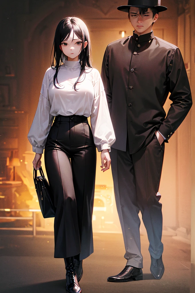 30-year-old woman, long black hair, serious, black eyes, wears old-fashioned clothing, black baggy pants, black boots, white blouse with long sleeves and exposed shoulders, powers of darkness, dark background.