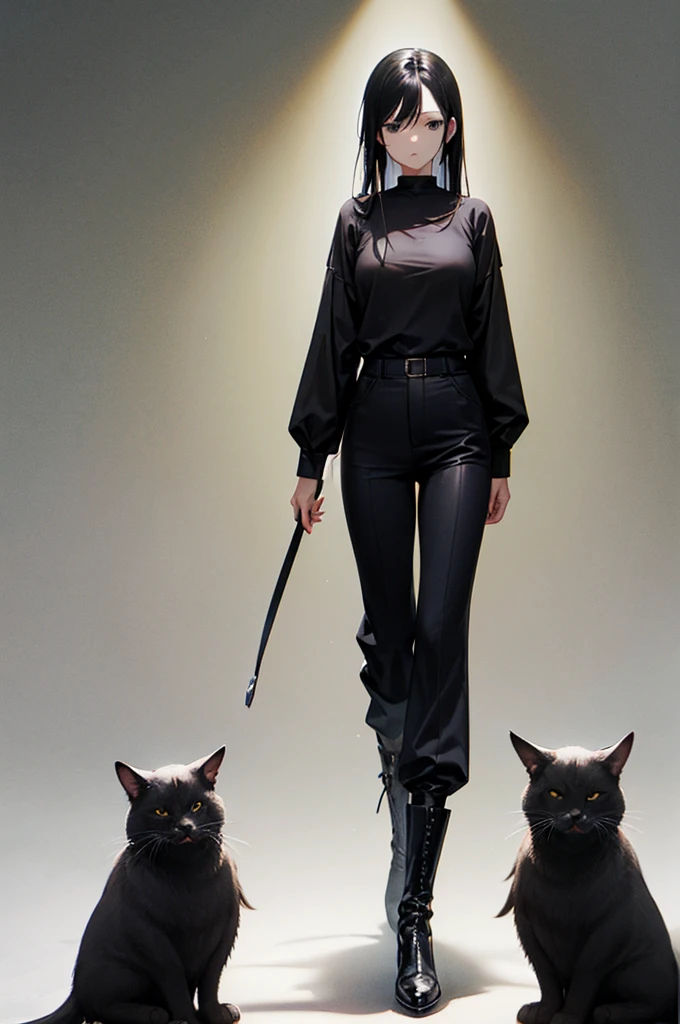 30-year-old woman, long black hair, serious, black eyes, wears old-fashioned clothing, black baggy pants, black boots, white blouse with long sleeves and exposed shoulders, powers of darkness, dark background.