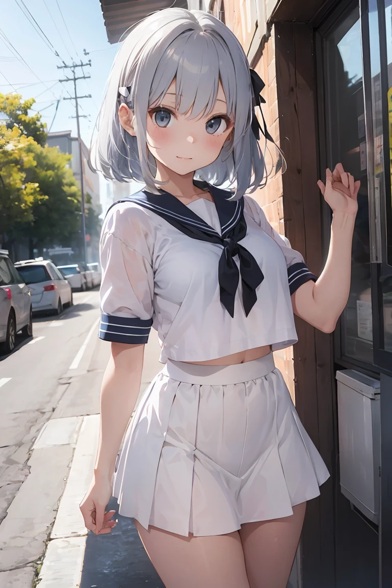 White sailor suit and black mini skirt、Floated nipples、Light blue panties silver hair、Medium Hair、Hair Ribbon、sunny、Embarrassing pose、lean forward to emphasize the chest