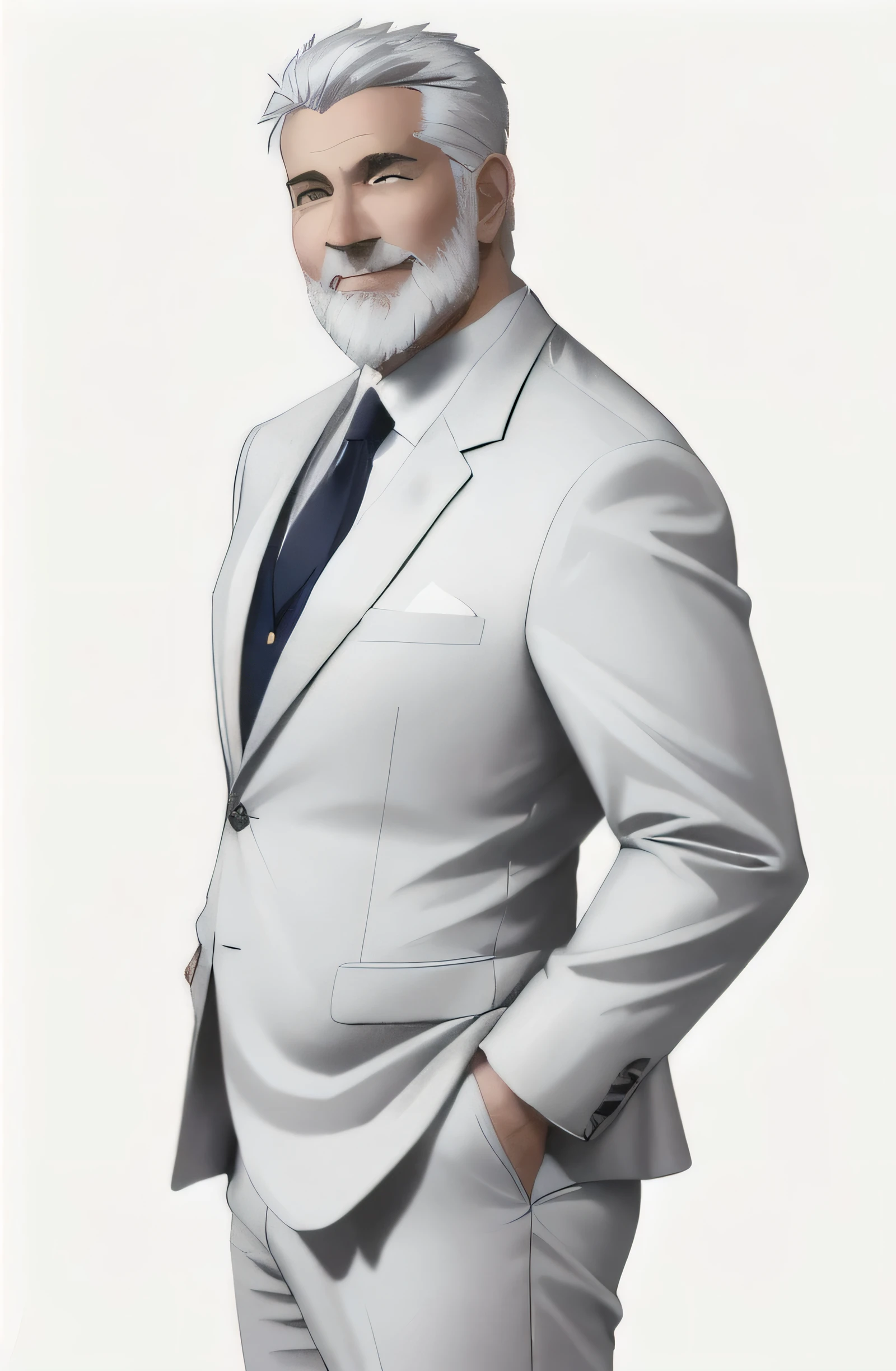 1 person full length, side view, I look at the viewer, hands in pockets, gray beard, White hair, short haircut, I look at the viewer, smile, official suit, official suit цвет фуксия, tie, White background