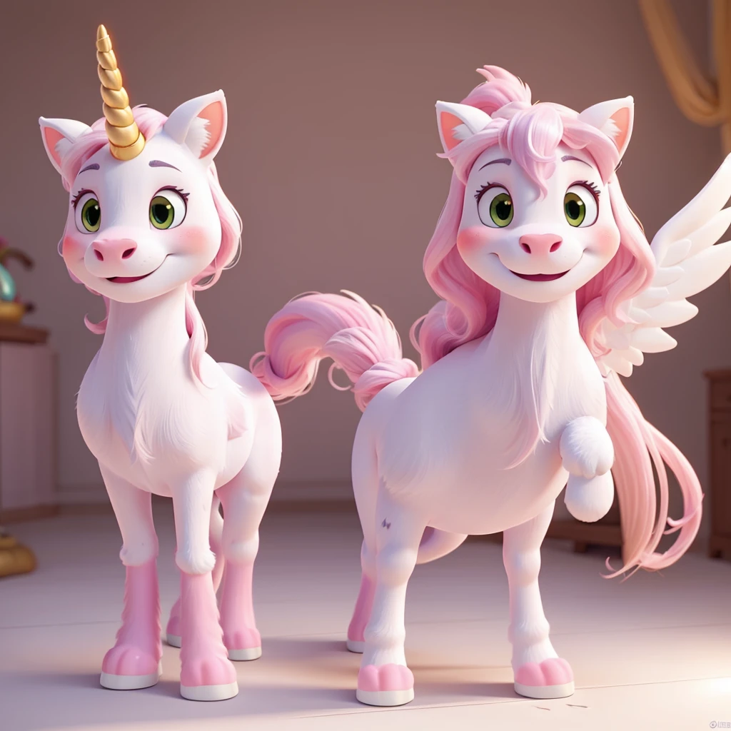 just a skinny cute looking unicorn with pink manes and an all white body with a golden horn right in the middle and with white wings