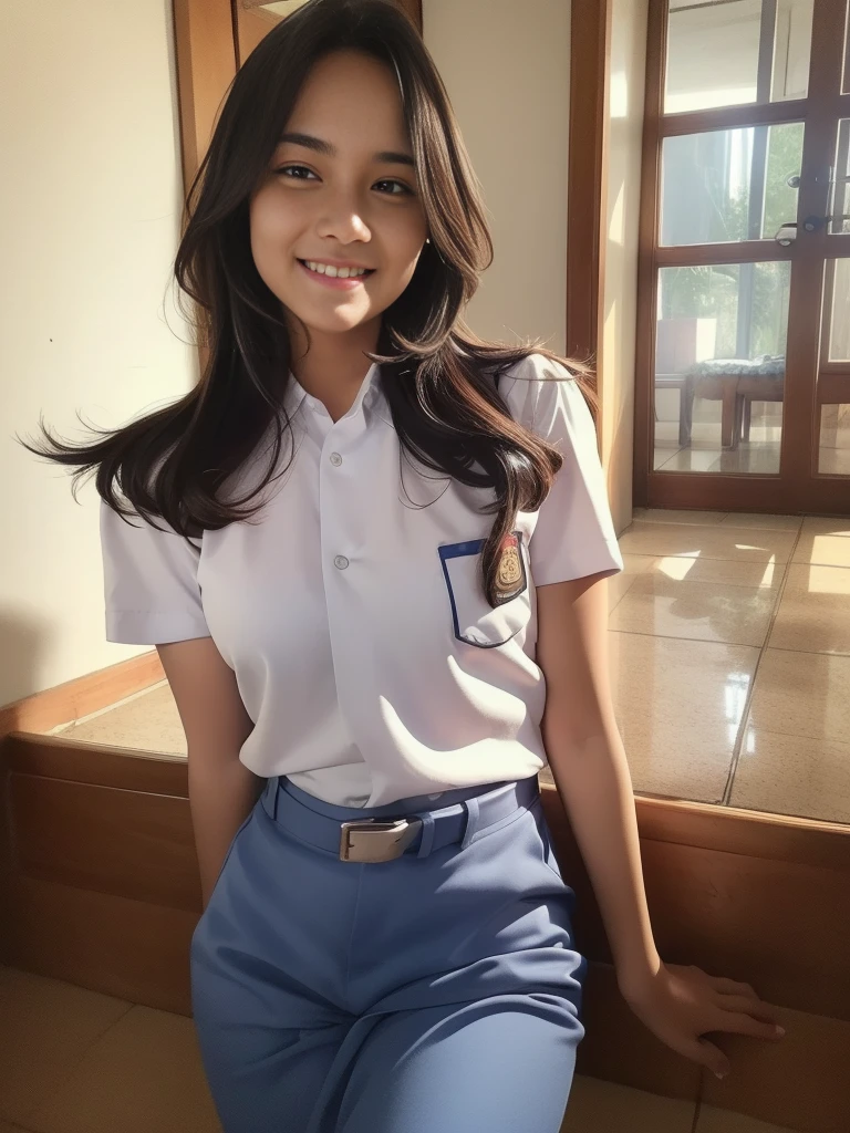 1girl, solo, (Indonesian_high_school_uniform), model pose, Classroom, professional light, detailed face, detailed eyes, seductive smirk, wide view, large breasts, smooth realistic skin, hands behind back, looking at viewers, wearing white shirt, wearing grey blue very short pants, (8k, RAW photo, best quality, masterpiece: 1.2), (realistic, realistic: 1.5), ultra-high resolution