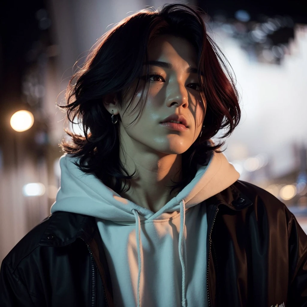 sharp man with black hood and a tattoo on his arm, park jimin, Ulzzang masculino, em um moletom preto, homem sul-coreano, vestindo um moletom preto, pale korean face, hyung jimin, profile picture with headshot, inspirado em park jimin, em um moletom, rosto preciso do jimin, red hair, high quality, 4K, full hd