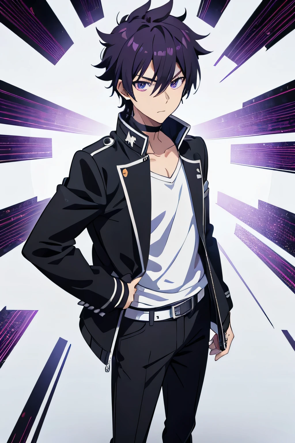 one man,black biker jacket,purple hair, short hair, spiky hair,Two Block hair,black eye,full body shot,stubble,,look at viewer,standing,white shirt,hand on hip,from front,white background,Anime handsome guy, Gap Moe Yandere Grimdark, Handsome men from Demon Slayer, Young Anime Guy, Male Anime Characters, Hajime Yatate, Handsome man, trigger anime art style, Anime Moe Art Style, inspired by Okumura Masanobu