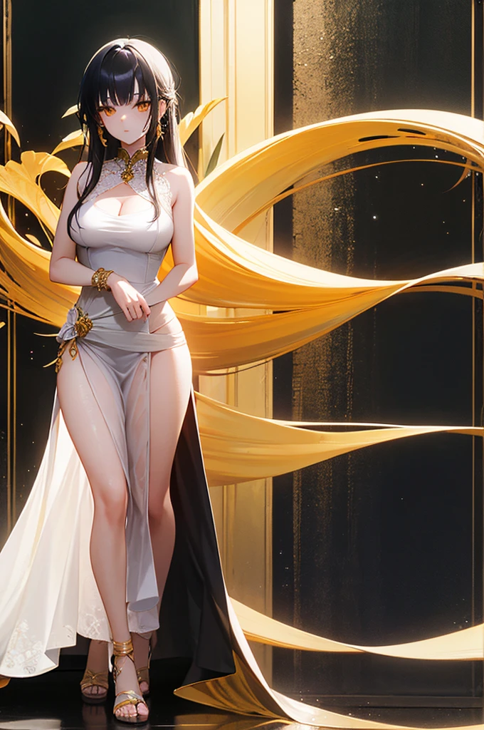 20 years old, with long black hair down to her waist, golden eyes. She wears jewelry and dresses in an antique style, donning a long white dress with golden details. She wears elegant gladiator sandals. She possesses golden powers and has a golden-themed background. 