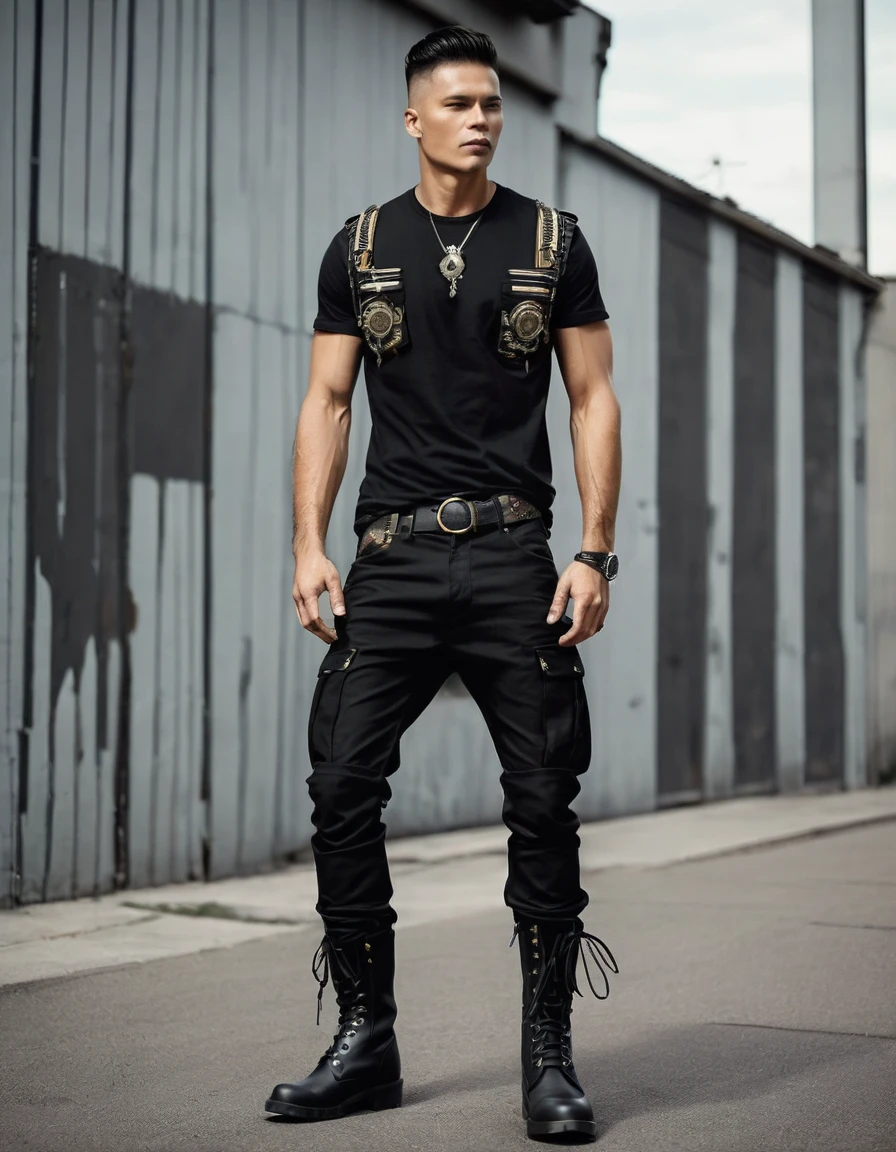 Rocker man with black t-shirt, black military pants and black military boots Accessories such as indigenous details on the shirt