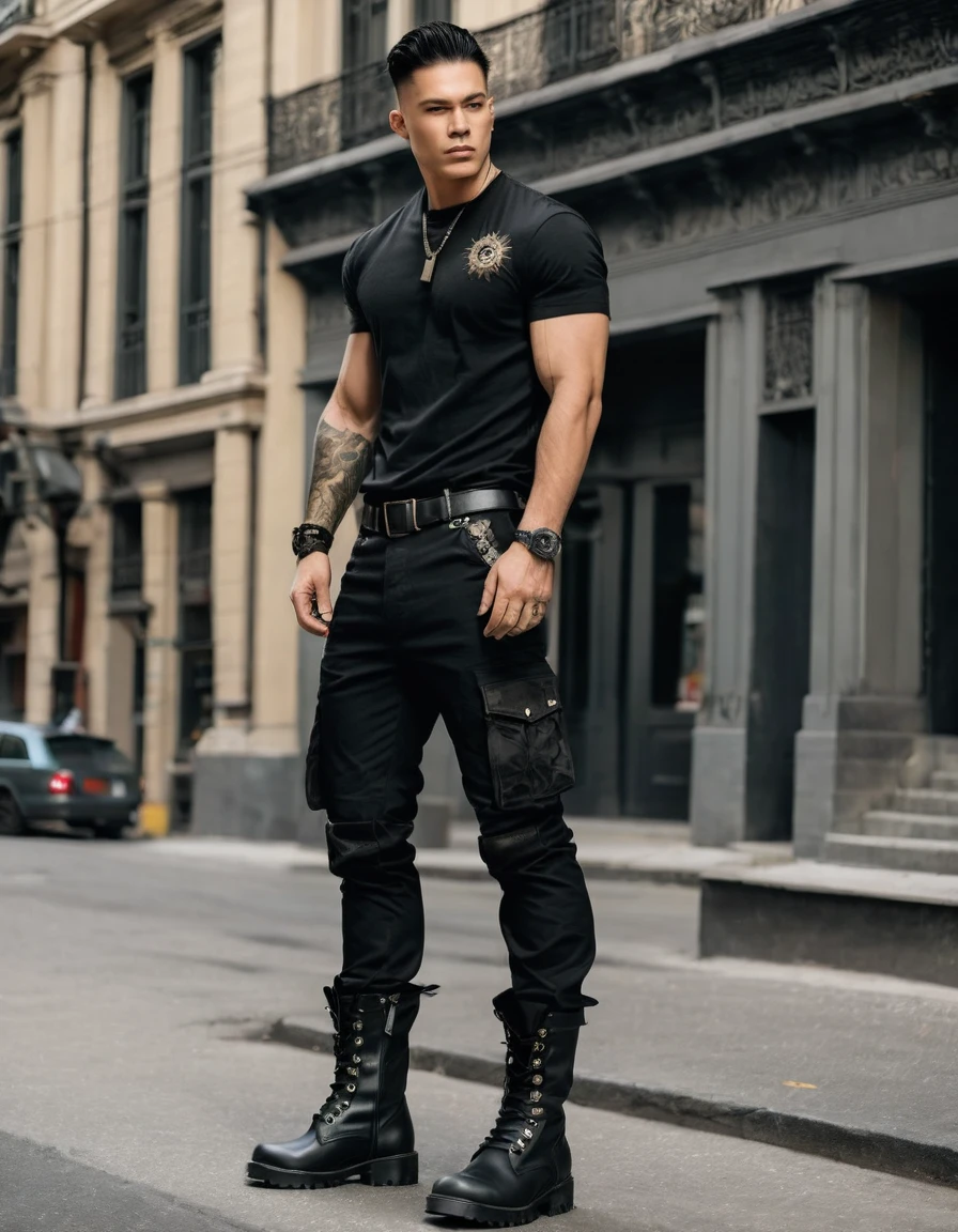 Rocker man with black t-shirt, black military pants and black military boots Accessories such as indigenous details on the shirt