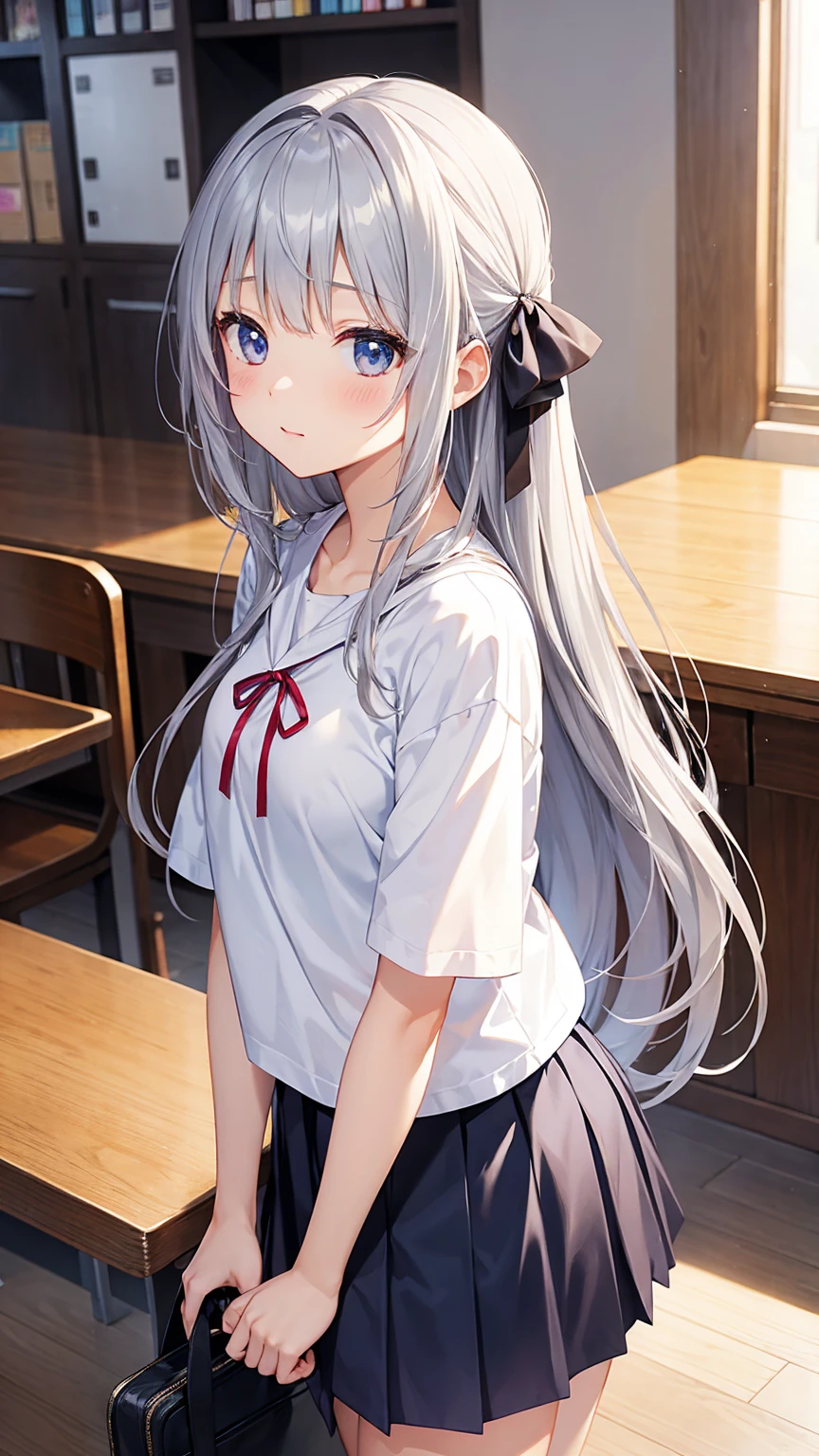 Adult Girls、Long silver hair、Huge 、Student Shirts、ribbon、skirt、