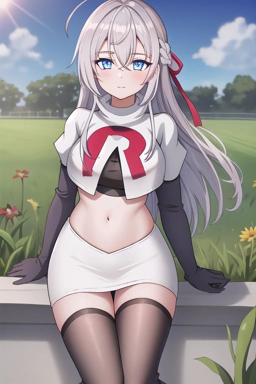 alisa,1girl,solo,long_hair,looking_at_viewer,bangs,blue_eyes,hair_between_eyes,hair_ribbon,ahoge,grey_hair,team rocket,team rocket uniform,white skirt,red letter R,crop top,black thigh-highs,black elbow gloves,flower_field