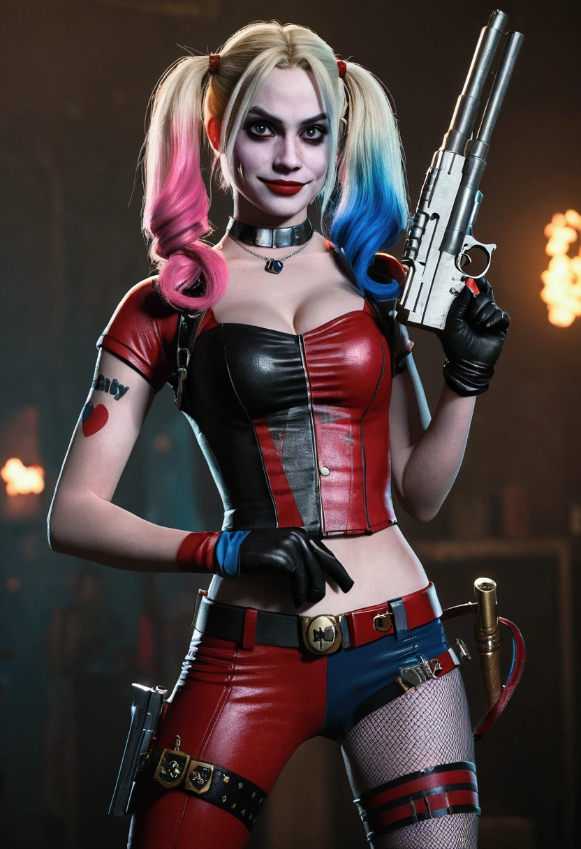 sexy Harley Quinn “Harvey Quinn” holding a huge gun, extremely detailed, beat quality, masterpiece, unreal engine 5, realistic, uhd