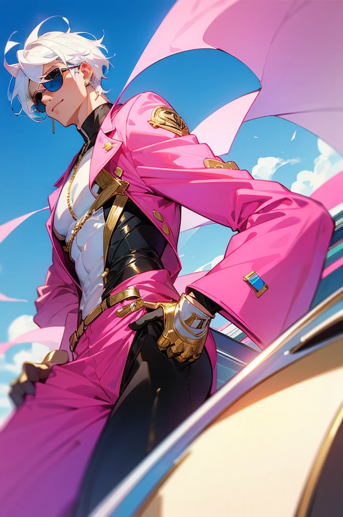 Adult male，Off-white hair，Eyes as blue as the sky，Pink sunglasses，Pink suit，Gold round earrings，Host