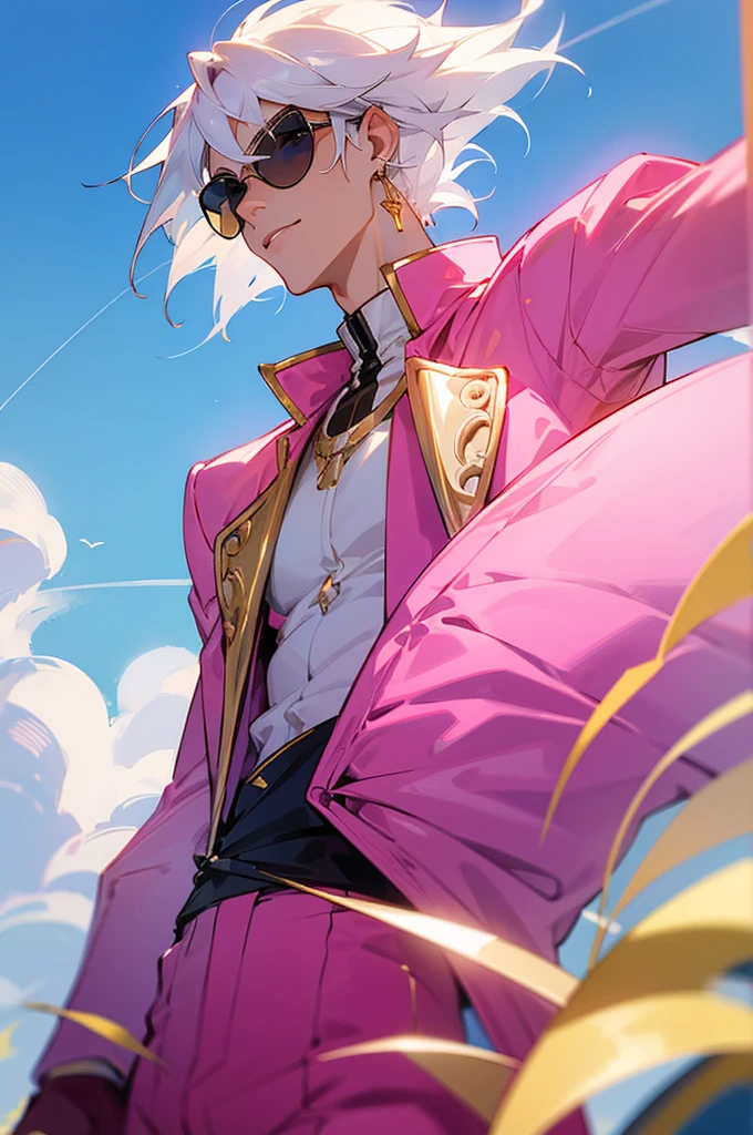 Adult male，Off-white hair，Eyes as blue as the sky，Pink sunglasses，Pink suit，Gold round earrings，Host