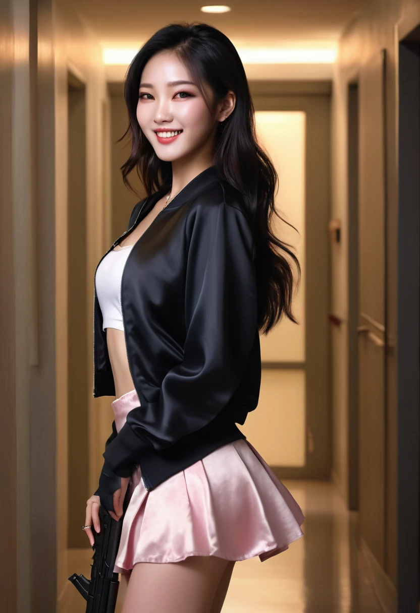 Half body photo, 1 beautiful Asian girl; coy smile, black satin bomber jacket with white sleeves; holding a full size MP5 gun in in her hands, m16 rifle black satin skirt,, long hair,wearing jewelry, natural makeup, extremely detailed eyes and face, lovely smile, delicate blush, sensuous lips, intricate facial details, perfect skin, flawless skin texture perfect, ; standing in a long hallway with many doors, evening lighting, vivid colors, , subtle , dreamy, luxurious atmosphere, low lighting; Super high quality, surreal, 8K, high resolution, masterpiece, detailed, extremely magical, professional cinematic lighting, , vibrant colors; Fine brushstrokes,ethereal vibe,mesmerizing gaze,dreamy atmosphere,blending elegance,subtle color gradients,,understated beauty. In the background several men lay unconscious on the hallway floor