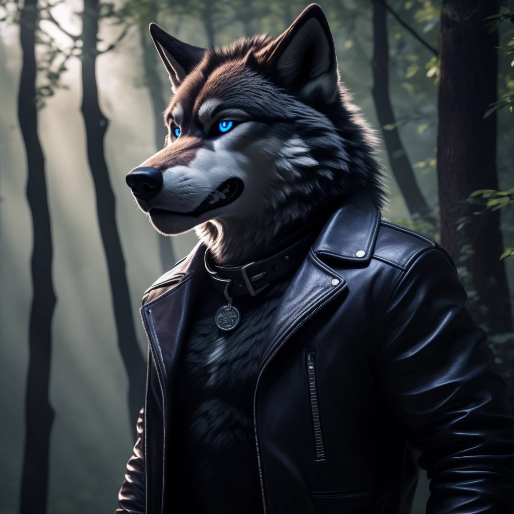 Posing, Male, 30 years old, eyeliner, black leather jacket, anthro, wolf ears, (black fur:1.5), wolf, forest background, 8k, hi res, (best quality, masterpiece), (wolf tail:1.5), detailed fur, solo, blue jeens, blue eyes, collar, evil grin, crazy,