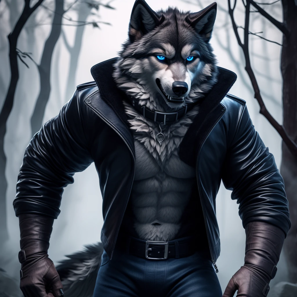 Posing, Male, 30 years old, eyeliner, black leather jacket, anthro, wolf ears, (black fur:1.5), wolf, forest background, 8k, hi res, (best quality, masterpiece), (wolf tail:1.5), detailed fur, solo, blue jeens, blue eyes, collar, evil grin, crazy,