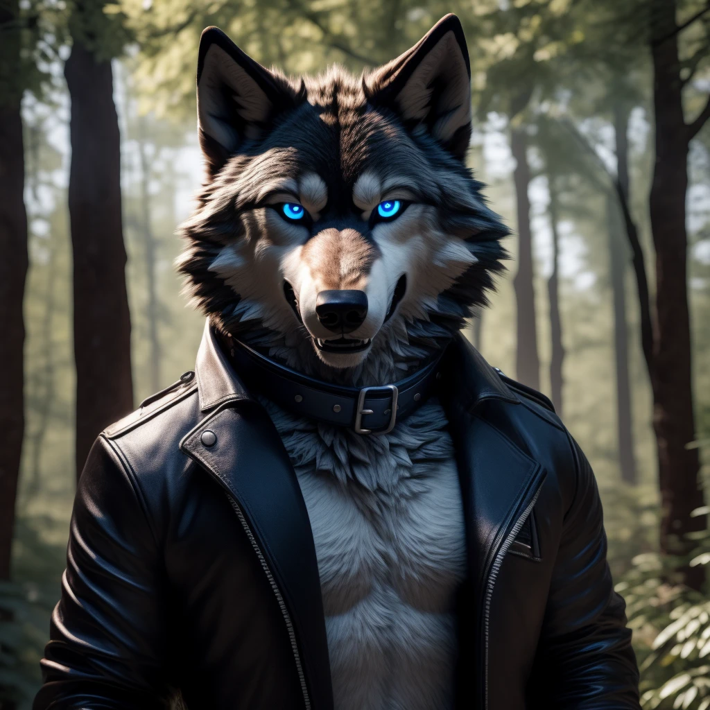 Posing, Male, 30 years old, eyeliner, black leather jacket, anthro, wolf ears, (black fur:1.5), wolf, forest background, 8k, hi res, (best quality, masterpiece), (wolf tail:1.5), detailed fur, solo, blue jeens, blue eyes, collar, evil grin, crazy,