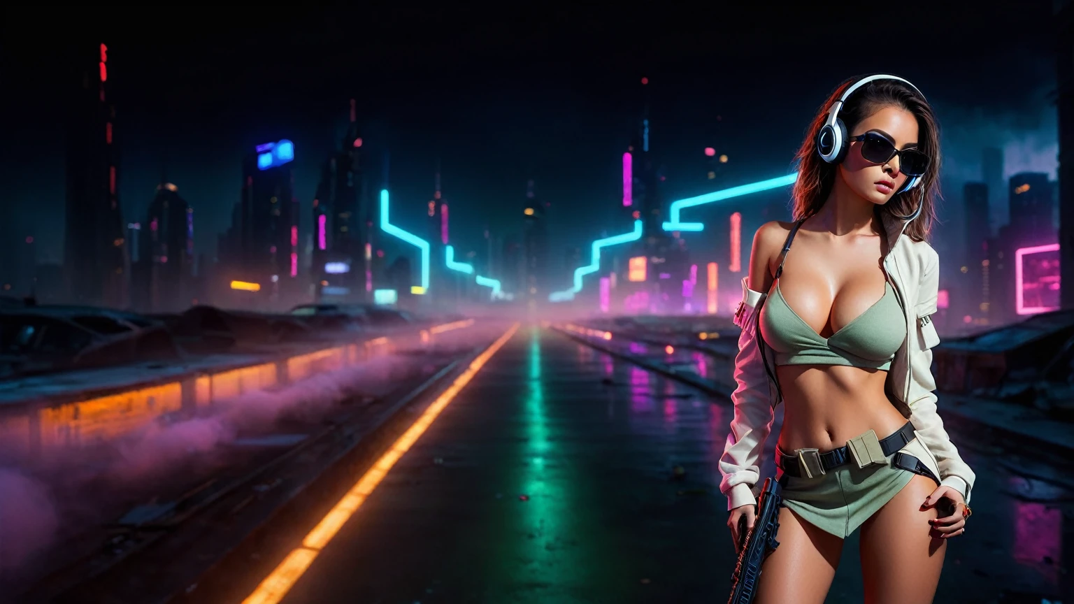 dark futuristic landscape, at night, neon lights, Atmospheric fog, large buildings in the background, futuristic city, streets with open shops, skyscraper (postapocalyptic city:1.3). (((1girl, solo, alone))), large-breast:1.2 slim body, cleavage:1.1, sexy miniskirt, (((headphone, black sunglasses, standing and holding pistol pose))), (((half-body thigh level medium shot))), cinematic lighting, lens flare, ray tracing.