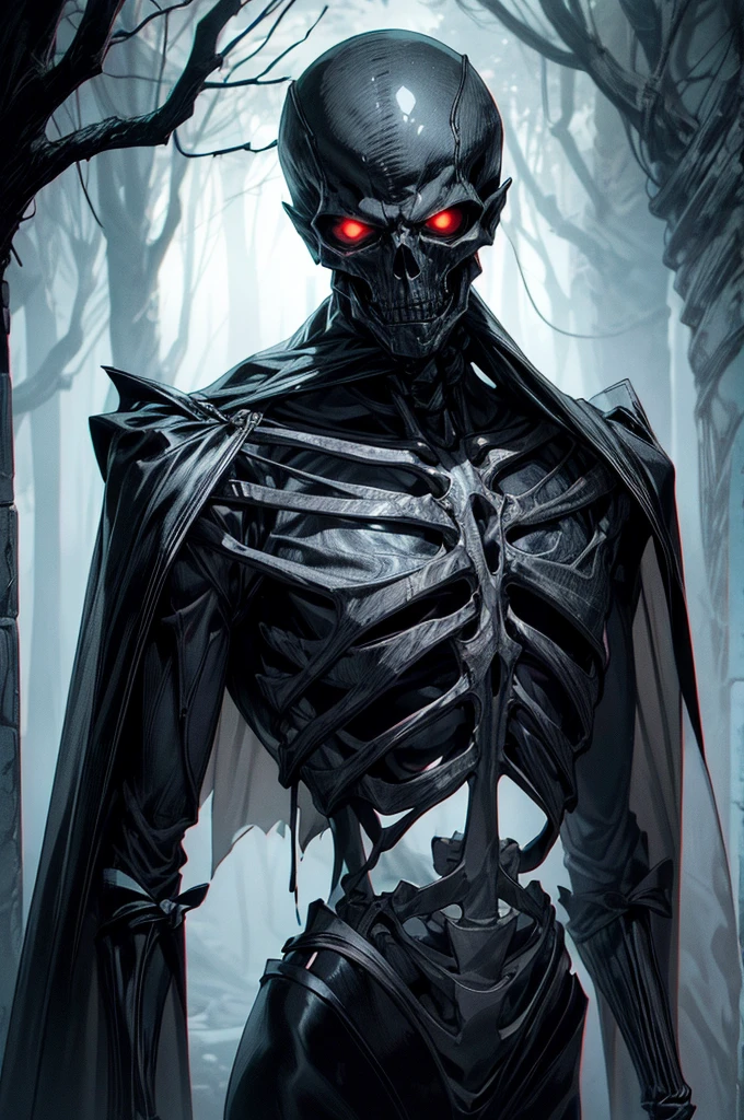 Imagine a dark and mysterious scene where a skeleton stands out. He is draped in an elegant black suit with slender red details, fitted perfectly to his skeleton, giving him an intriguing and formal appearance. The dark fabric contrasts with the white bones, highlighting each joint and bone structure. His fleshless skull is clearly visible, with deep shadows in the eye sockets, imparting an air of mystery to his figure. Its empty eyes glow with an otherworldly light, an ethereal glow that seems to pulse with a sinister energy. The void where the eyes should be conveys a feeling of desolation and power at the same time. In the background, a dark scene unfolds, with twisted trees and dry leaves scattered across the ground, as if nature itself were dead. The faint moonlight shines through the dense clouds, casting a pale, cold glow over the scene. The dim lighting only adds to the sense of unease, slightly highlighting the skeletal figure and making its presence even more menacing. This image depicts an enigmatic and skilled skeleton, dressed in an elegant and frightening suit. His sinister figure and shadowy presence convey a sense of imminent danger, while his empty eyes reveal a deep, disturbing abyss. Please create a work of art that captures the essence of this description, using your imagination to enhance the haunting atmosphere and tension of the scene.