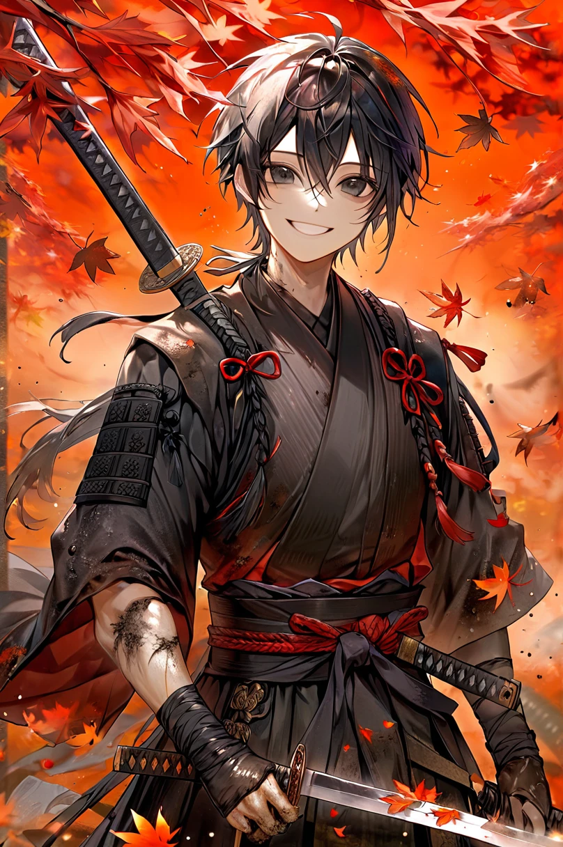 Ronin, Dirty, Long Hakama, Boy, Two sword, black eyes, black samurai hair, ragged body, Torn clothes, Smile, Maple leaf background.