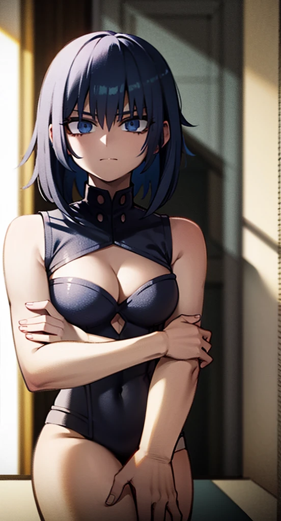 Femme brune au yeux bleu sublime assise sur un lit en string nue