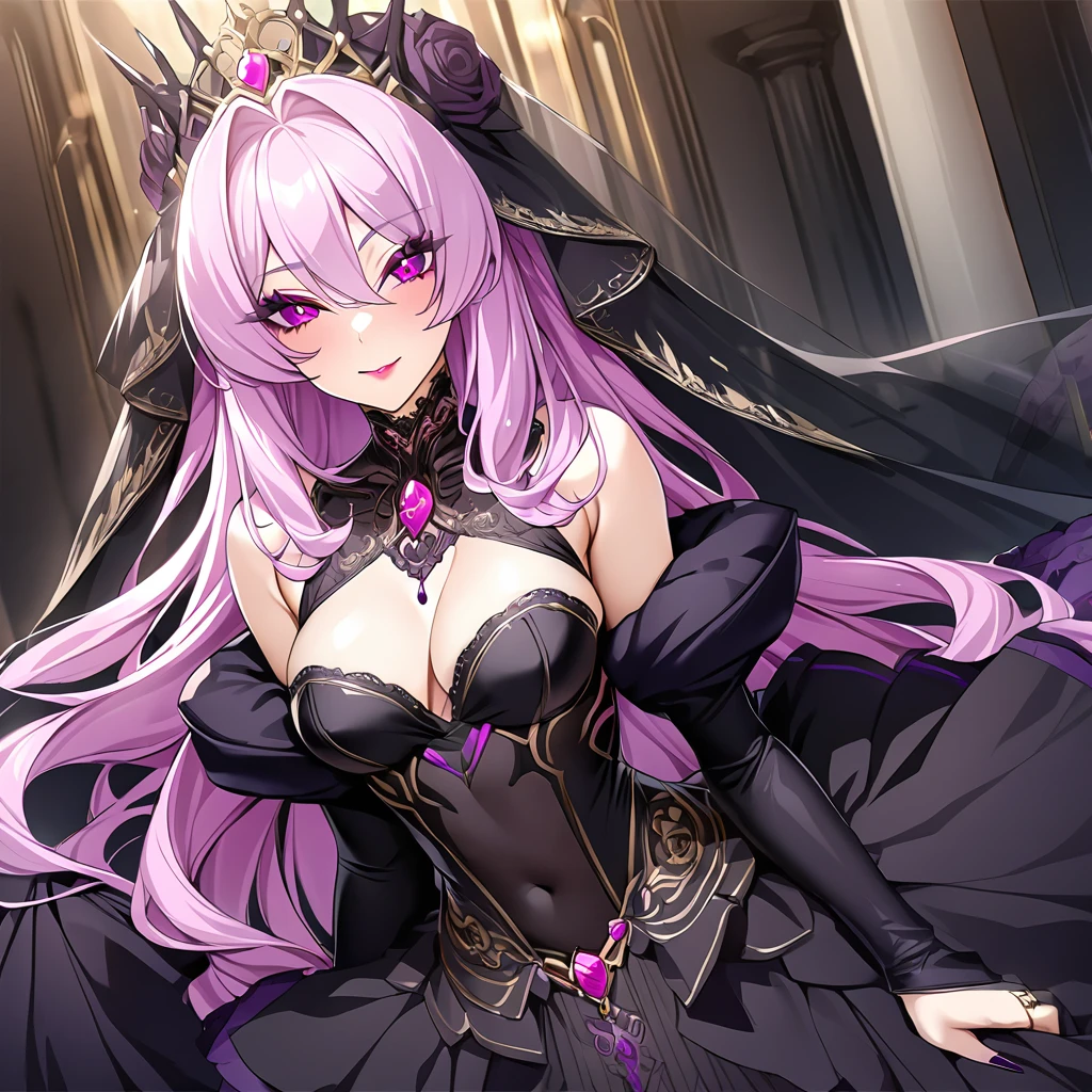 ((Highest quality)), ((masterpiece)), (detailed), (Perfect Face)、The woman is the evil queen Luxria, with medium-long pink hair, a gorgeous black wedding dress with gold embroidery and trim, a black wedding veil, an engagement ring, gorgeous accessories, lipstick and makeup, and a dignified, beautiful evil queen.、The woman is happily getting married in a posh church belonging to an evil organization.