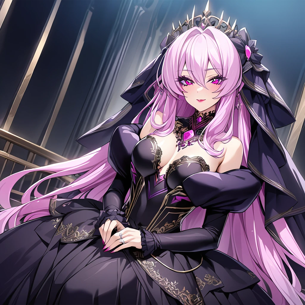 make a girl with pink hair, yellow eyes, purple top that dega "neneefthy", purple and black checkered skirt and black boots, white skinned and with large breasts