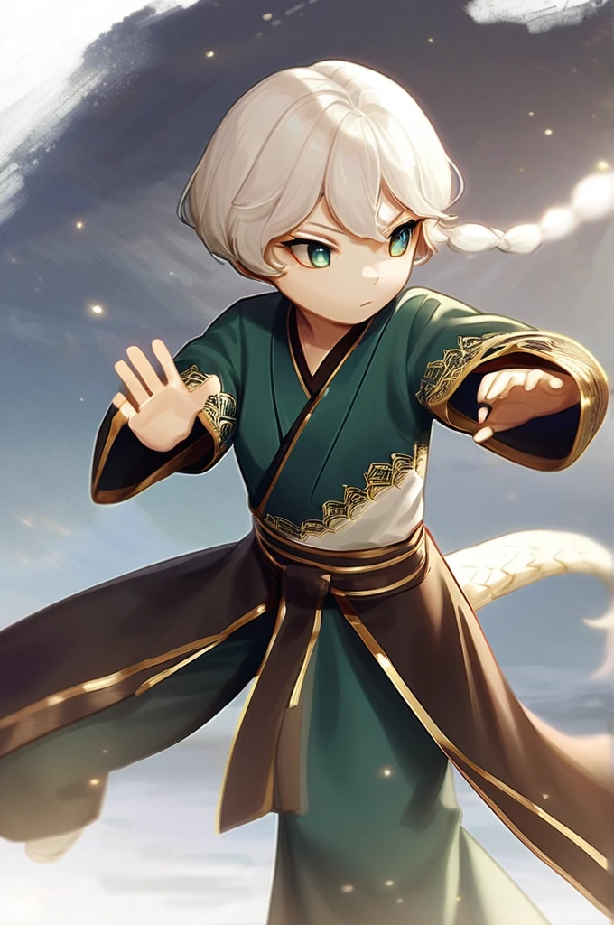 ((Лучшее качество)), ((шедевр)), (подробный), A dragon-born girl with a small display of scales gets into the fighting pose of a monk