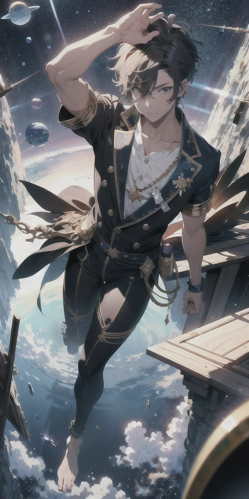 ridiculous resolution, high resolution, (masterpiece:1.4), super detailed, 1boy, seen from above, space, floating, --v 6