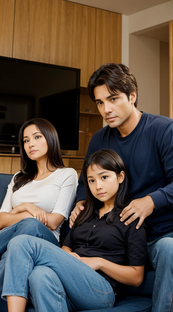 A , a mother and a father are sitting at home watching TV.