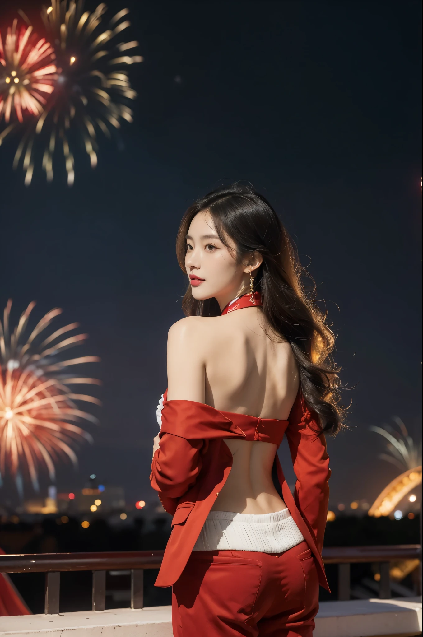 (((best quality))),(((ultra detailed))),(((masterpiece))),illustration, ((Olympic Opening Ceremony,in Paris,summer night,magnificent National stadium of France,Olympic flame, fireworks)),(crowded crowds of enthusiastic spectators:1.3),((a beautiful Chinese girl,solo)),((shoulder length straight hair:1.2)),((slim,thin)),((shoulder off,strapless,bare back,towering hips,butt crack)),(red blazer:1.5),(yellow dress:1.2),excited expression, awe, celebrating, electric atmosphere, sense of pride, excitement, playing field, crowd energy, unity, camaraderie, representing China, historic event, memorable moment,((from back,upper body))