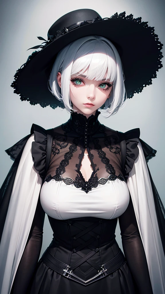 girl with white hair, black gloves, gothic,4K, masterpiece, perfect body, stem,perfect eyes, green eyes,perfect shading, perfect lighting, best quality, work of art, ultra detailed, detailed clothing