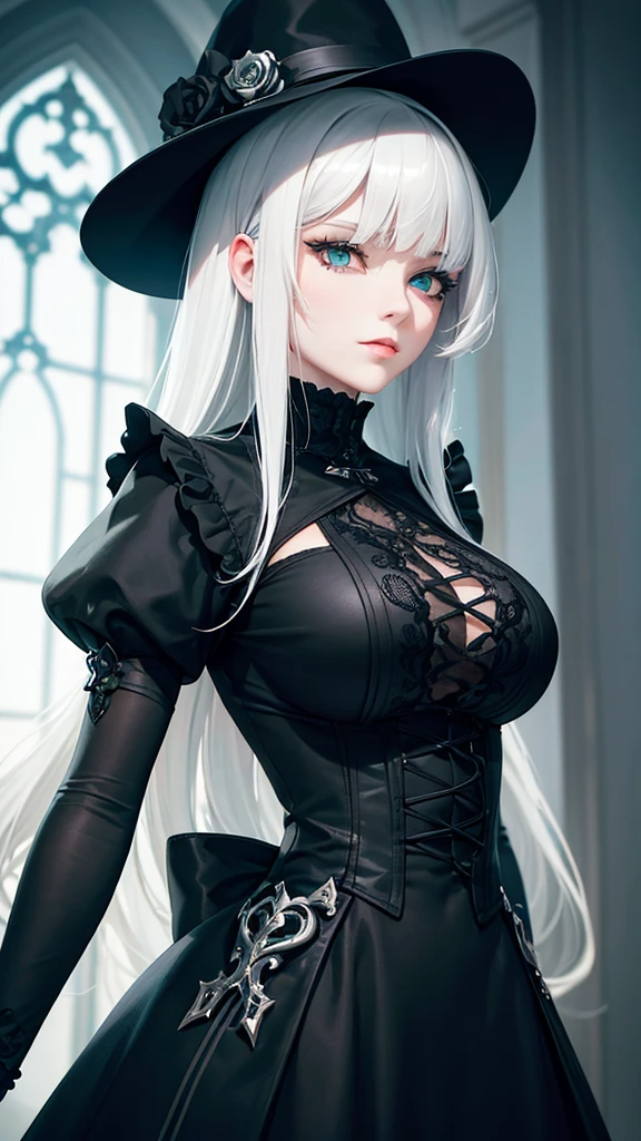 girl with white hair, with bangs, black gloves,  green eyes, gothic, dress,4K, masterpiece, perfect body, stem,perfect eyes, perfect shading, perfect lighting, best quality, work of art, ultra detailed, detailed clothing