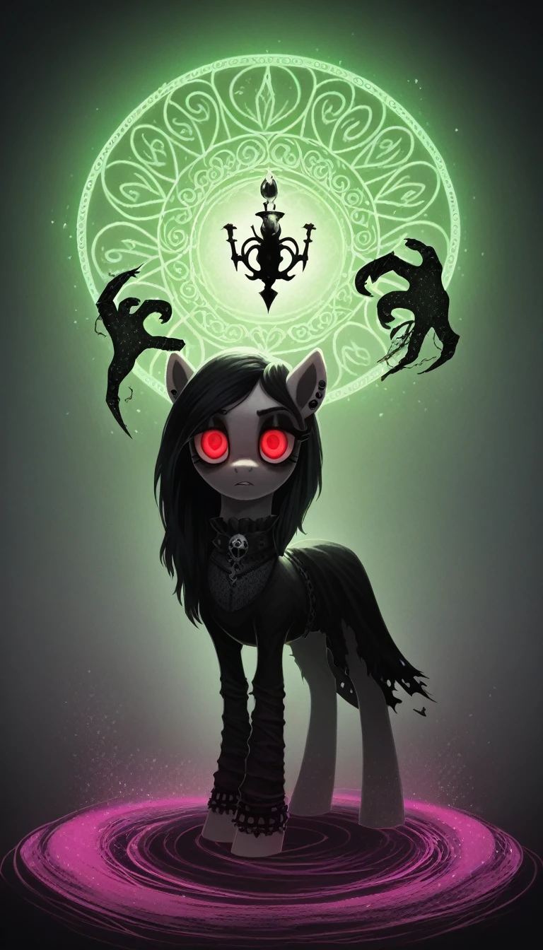 score_9,score_8_superior,score_7_superior,score_6_superior, Gothic Pony, Neo-Goth Fashion, Glowing backlight, Horror Scene, Glitter, Whimsical, Charmed, Magic, Fantasy art concept, Intricate details,