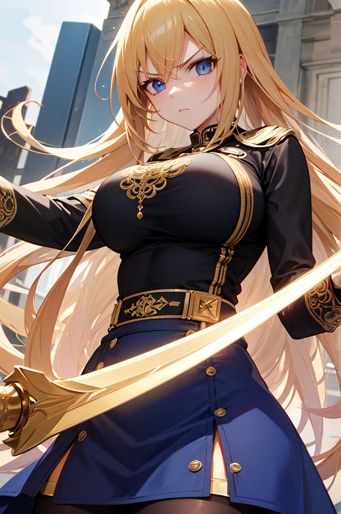 Relena peace craft, masterpiece, best quality, detailed face, detailed eyes, high-gloss, large_breasts, standing, Relena military uniform, bra, big breasts, very large boobs, coiled hair, hairpins, headbands, open clothes