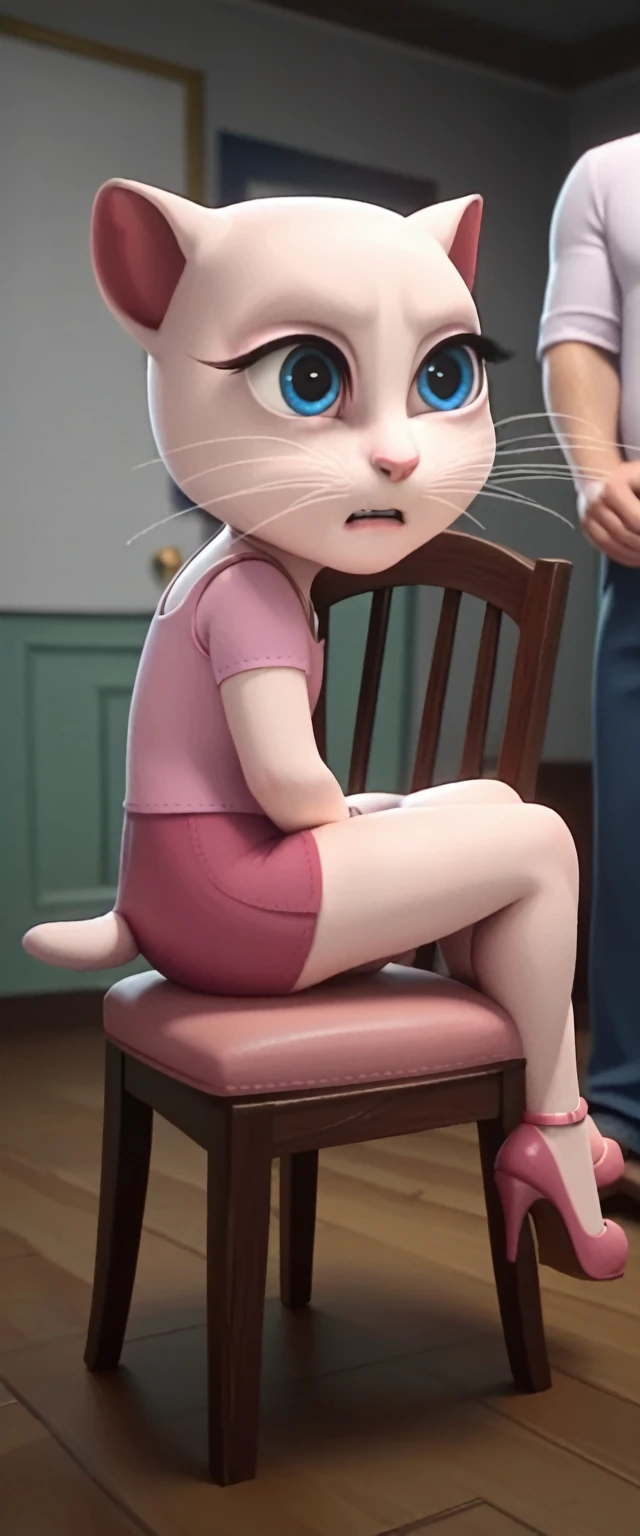 1 girl, cat, white fur, long whiskers on both sides of the face, large bright blue eyes, large black eyelashes, small pink nose, triangular ears with pink channels. There are high heels. 1 girl and boy. human side view legs man opens chair legs woman sits on man's lap with legs crossed having sex. anus fucking penis rape rape rape is displayed above. Sex with legs crossed. Man fucks woman .lubricates penis