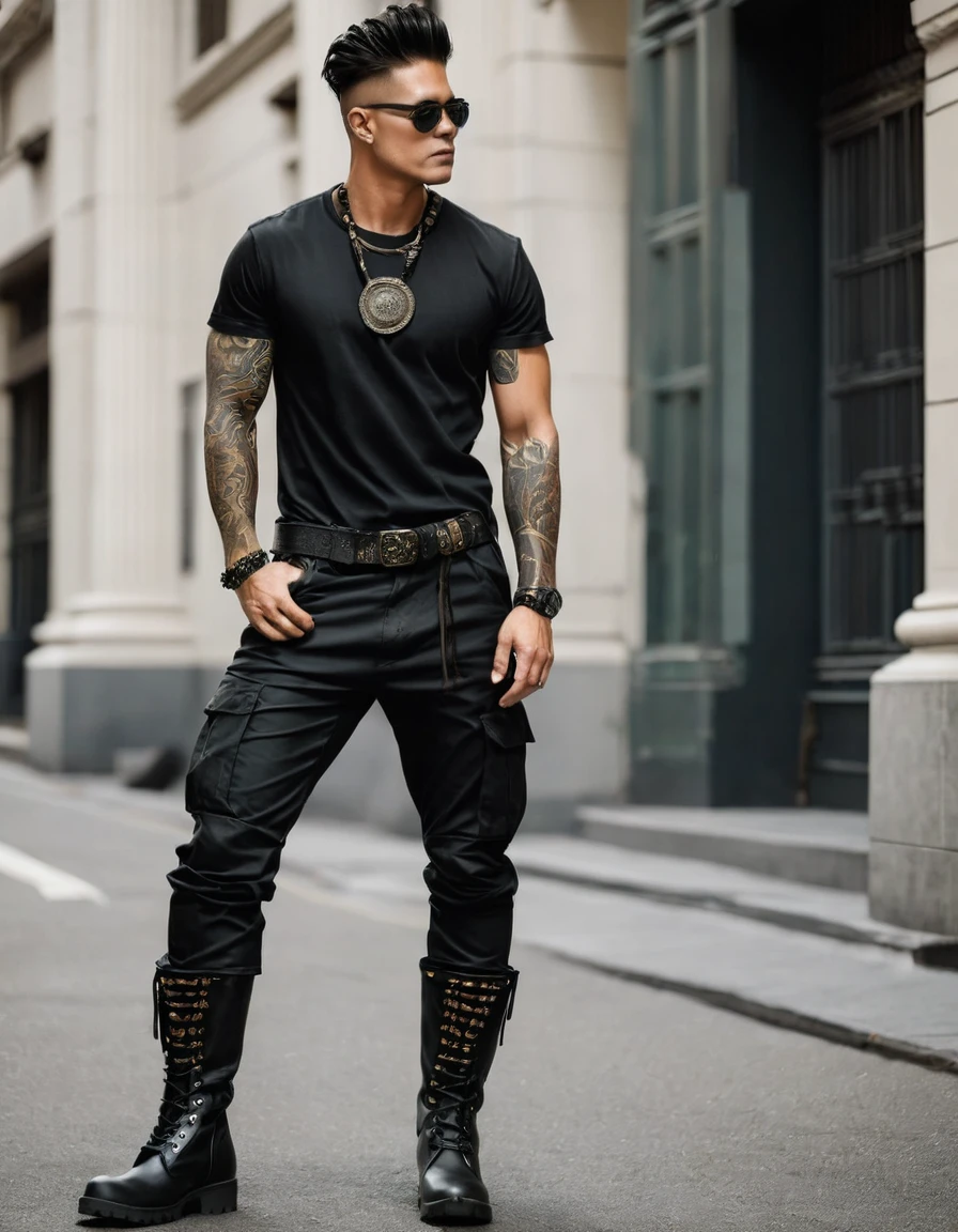 Rocker man with black t-shirt, black military pants and black military boots Accessories such as indigenous details on the shirt