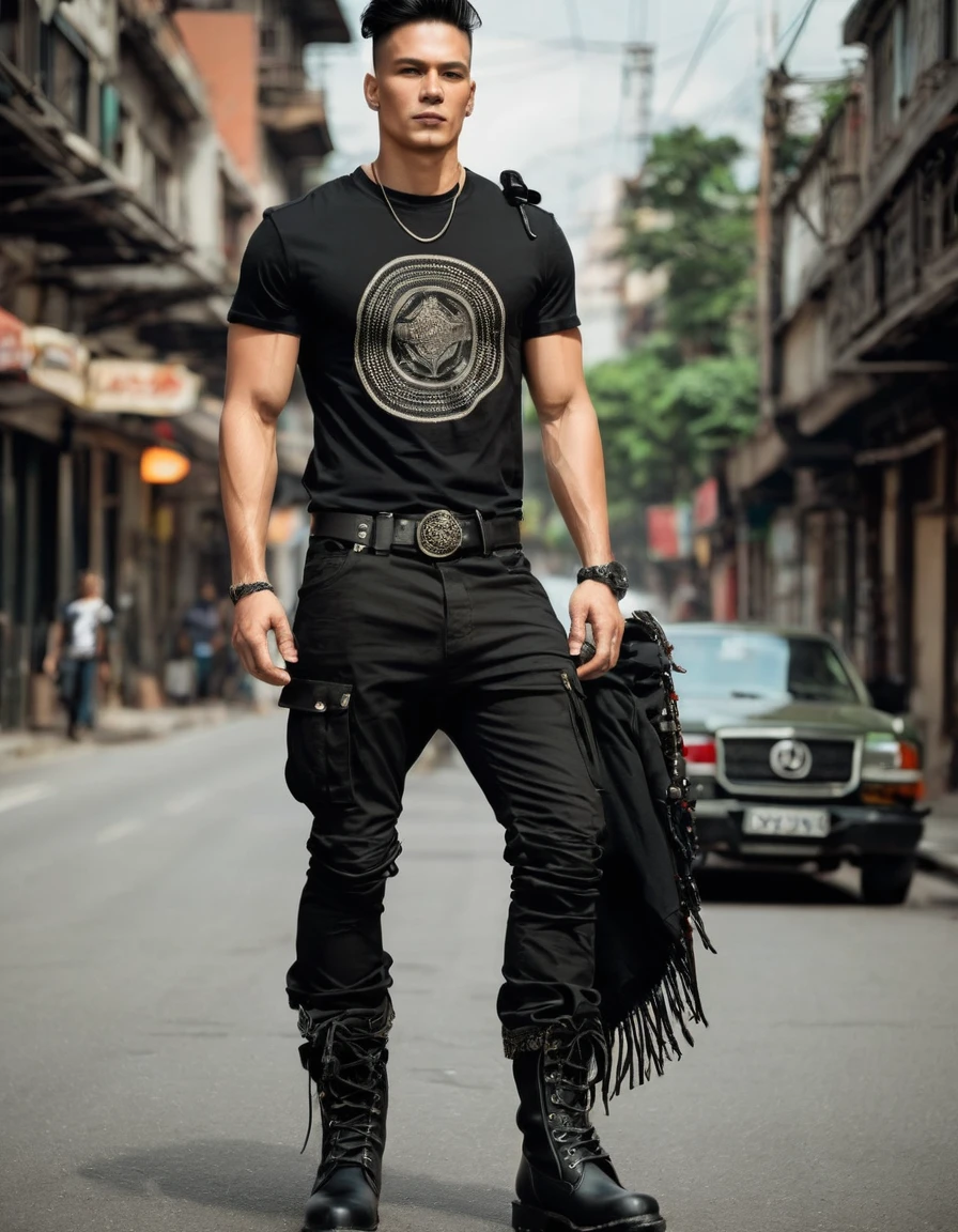 Rocker man with black t-shirt, black military pants and black military boots Accessories such as indigenous details on the shirt