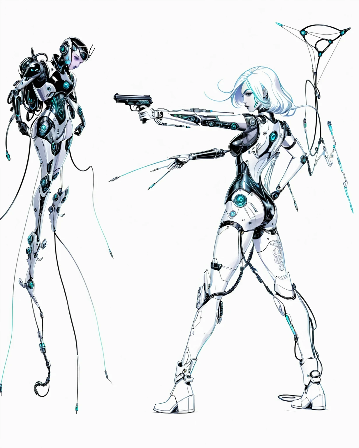 sketches of a man and woman with a gun in their hands, complex cybernetic beings, cyborg and wire details, she half human and half robot, mermaid cyborg with a laser whip, cypherpunk fashion illustration, half robot and half woman, aeon flux style, concept piece, simple bionic exploded drawing, anthropomorphic _ humanoid