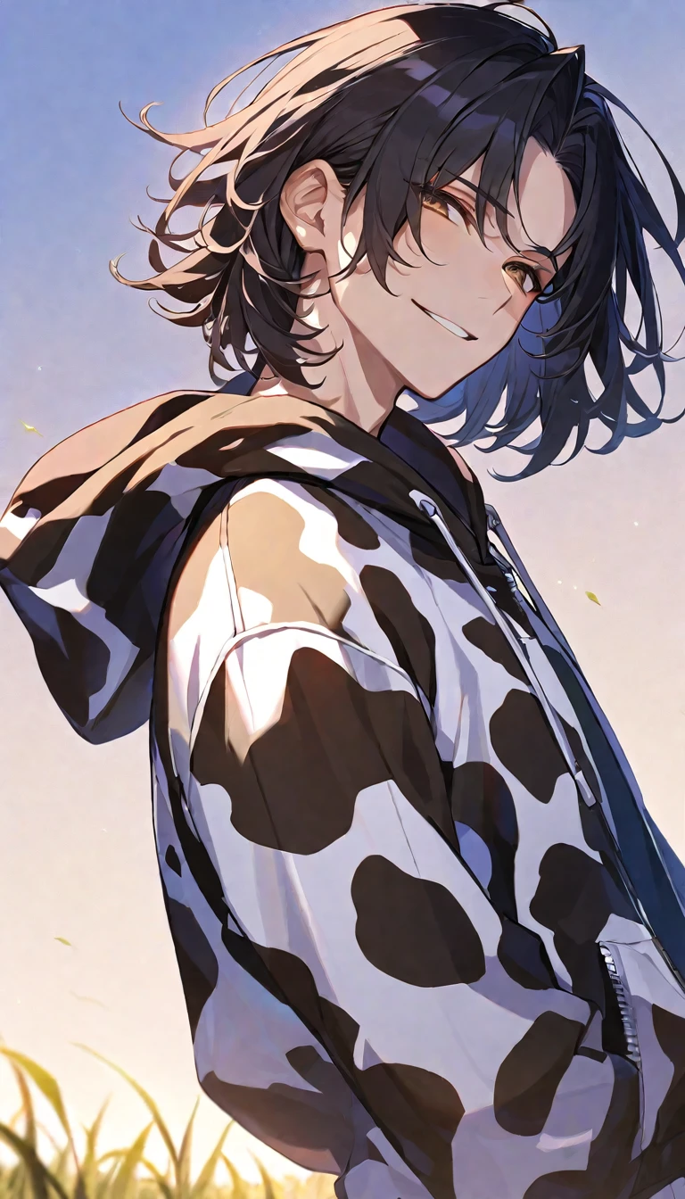 Solo,handsome, 
1. male,
bangs,straight hair,Bob Hair,the back of one's neck,
black hair, 
Gojo Satoru ,
brown Eyes,Soft look,
beautiful,sexly,Darkness,smile,Have a alcohol drink,
cow-patterned clothes, Full Zip Hoodie,
morning sun,simple background ,
meadow background,