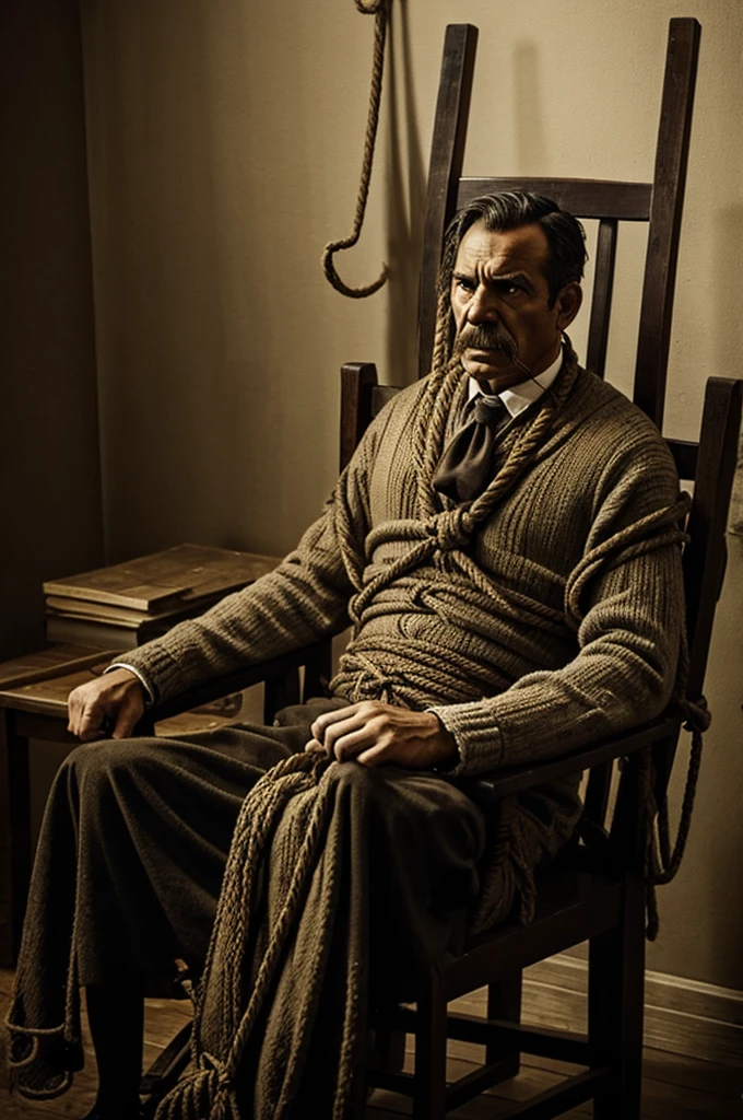 A man tied in chair with rope horror spooky