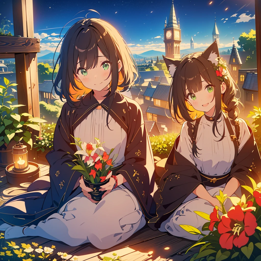 kawaii, anime, Cute, hyper quality, highly detailed, 8k, Front facing, Clarity, brown long hair, green eyes, smile, whole body, Cat ear, amaryllis, Amaryllis grows in clumps, top of the hill, A black cat near the girl, Cat ears stick out from the witch's hat, witch's black robe, fantasy, fog effect, particles of light, night, hill overlooking the town, bird's eye view, flower blooming hill, colorful amaryllis, Cityscape lit with lights, starry sky, clock tower, magic tools, You can see the cityscape in the distance, night view, western witch, european cityscape, cape, amaryllis flower, magic effect, wizard's robe, 	