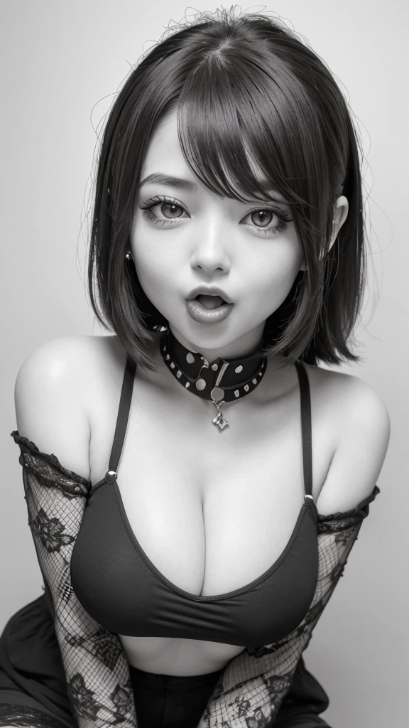 Her playful expression, big breast, with her tongue out and a hint of mischief in her eyes, suggests a whimsical personality. The piercings on her tongue and lower lip add an edgy twist to her otherwise delicate look.