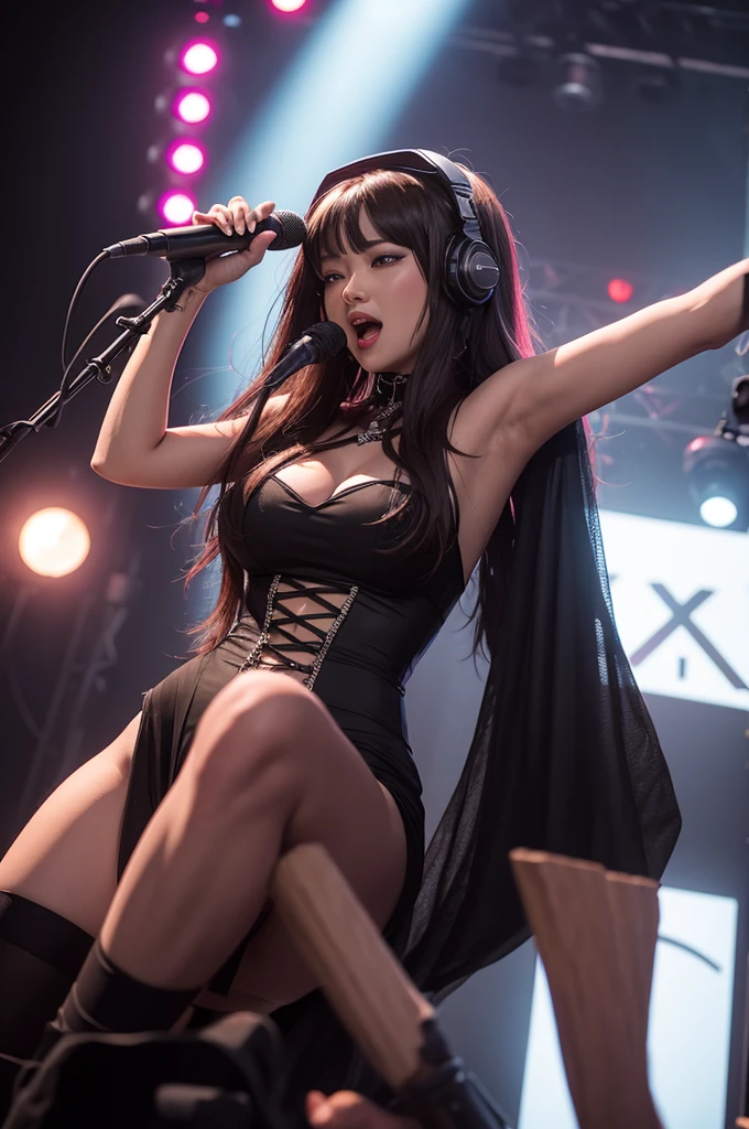 Jinx , high resolution,beautiful face, bondage fashion, live venue, live stage, solo artist, landscape with depth, very thin set, smile