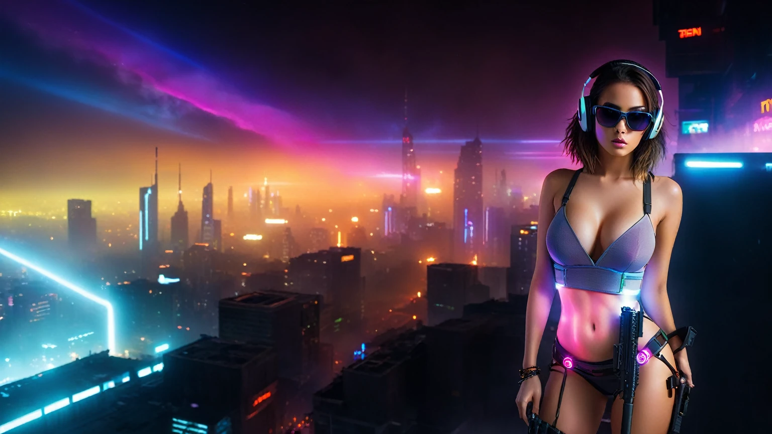 (Realistic:1.4) cyberpunk girl images, (highest quality, 8k, 32k, masterpiece) , (Dynamic pose), ((Front camera)), Cowboy Shot, Shapeless hair, Multicolored Hair, Depth of written interface f/1.8, high angle view of Cyberpunk city (((((at night))))) as background. (((1girl, solo))), photo realistic, (large-breast slim body, cleavage), (((full bra top, extreamly short pleated (((miniskirt))) exposing panty))), (((((((aiming at viewer with a (pistol), (looking at camera)))))))), (((((half-body (thigh level) medium shot))))), (cinematic lighting).