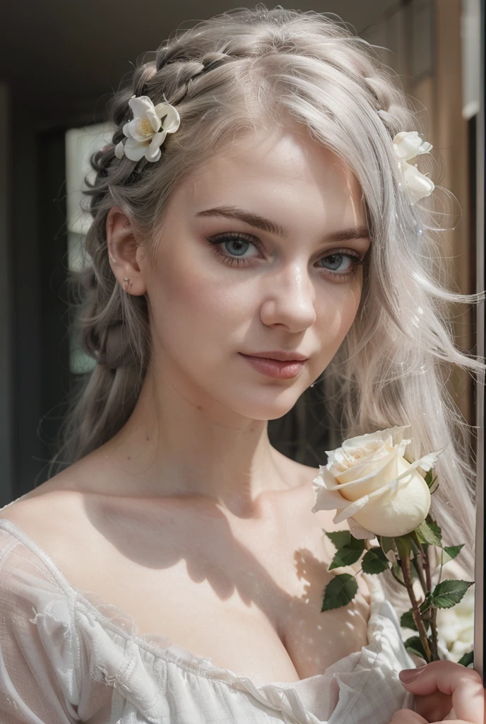 (((ultra realistic))) Photo, masterpiece, top quality, pale skin, (Ultra detailed face and eyes:1.2), 1 girl, she has a cute smile, full white hair, gloomy atmosphere, flowers garden background, (Eye makeup, mascara) , ((full white wavy hair)) , ((Stylish hairstyle)) , {Gigantic|Big|Huge|Mega} breasts, silly huge breasts, [[Slim waist, slender body]] . ((Posing)) , (body curves), In Lifchik, photoshoot, studio (Contour lighting), (The play of light and shadows), depth of field, bokeh, (special attention to skin detail: 1.2), Detailed transparent texture, skin pores, ((Dark and gloomy atmosphere frame. color scheme - black, Gray, Ashen, Tons)), (Film grain, VHS effect), (shine) , ((rays)) , ((portrait, close to the camera)) , ultra detailed, she has a cute smile, she held a white rose in her hand