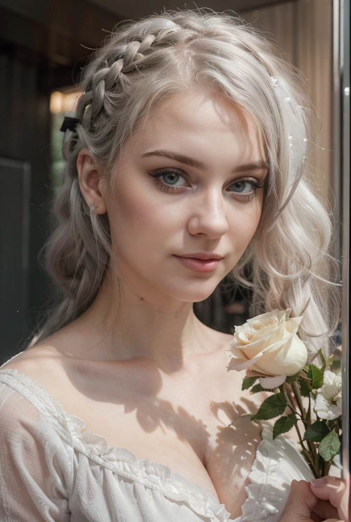 (((ultra realistic))) Photo, masterpiece, top quality, pale skin, (Ultra detailed face and eyes:1.2), 1 girl, she has a cute smile, full white hair, gloomy atmosphere, flowers garden background, (Eye makeup, mascara) , ((full white wavy hair)) , ((Stylish hairstyle)) , {Gigantic|Big|Huge|Mega} breasts, silly huge breasts, [[Slim waist, slender body]] . ((Posing)) , (body curves), In Lifchik, photoshoot, studio (Contour lighting), (The play of light and shadows), depth of field, bokeh, (special attention to skin detail: 1.2), Detailed transparent texture, skin pores, ((Dark and gloomy atmosphere frame. color scheme - black, Gray, Ashen, Tons)), (Film grain, VHS effect), (shine) , ((rays)) , ((portrait, close to the camera)) , ultra detailed, she has a cute smile, she held a white rose in her hand