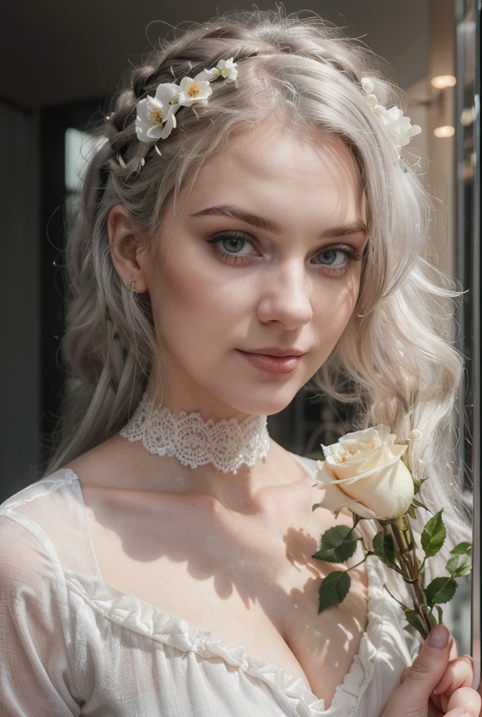 (((ultra realistic))) Photo, masterpiece, top quality, pale skin, (Ultra detailed face and eyes:1.2), 1 girl, she has a cute smile, full white hair, gloomy atmosphere, flowers garden background, (Eye makeup, mascara) , ((full white wavy hair)) , ((Stylish hairstyle)) , {Gigantic|Big|Huge|Mega} breasts, silly huge breasts, [[Slim waist, slender body]] . ((Posing)) , (body curves), In Lifchik, photoshoot, studio (Contour lighting), (The play of light and shadows), depth of field, bokeh, (special attention to skin detail: 1.2), Detailed transparent texture, skin pores, ((Dark and gloomy atmosphere frame. color scheme - black, Gray, Ashen, Tons)), (Film grain, VHS effect), (shine) , ((rays)) , ((portrait, close to the camera)) , ultra detailed, she has a cute smile, she held a white rose in her hand